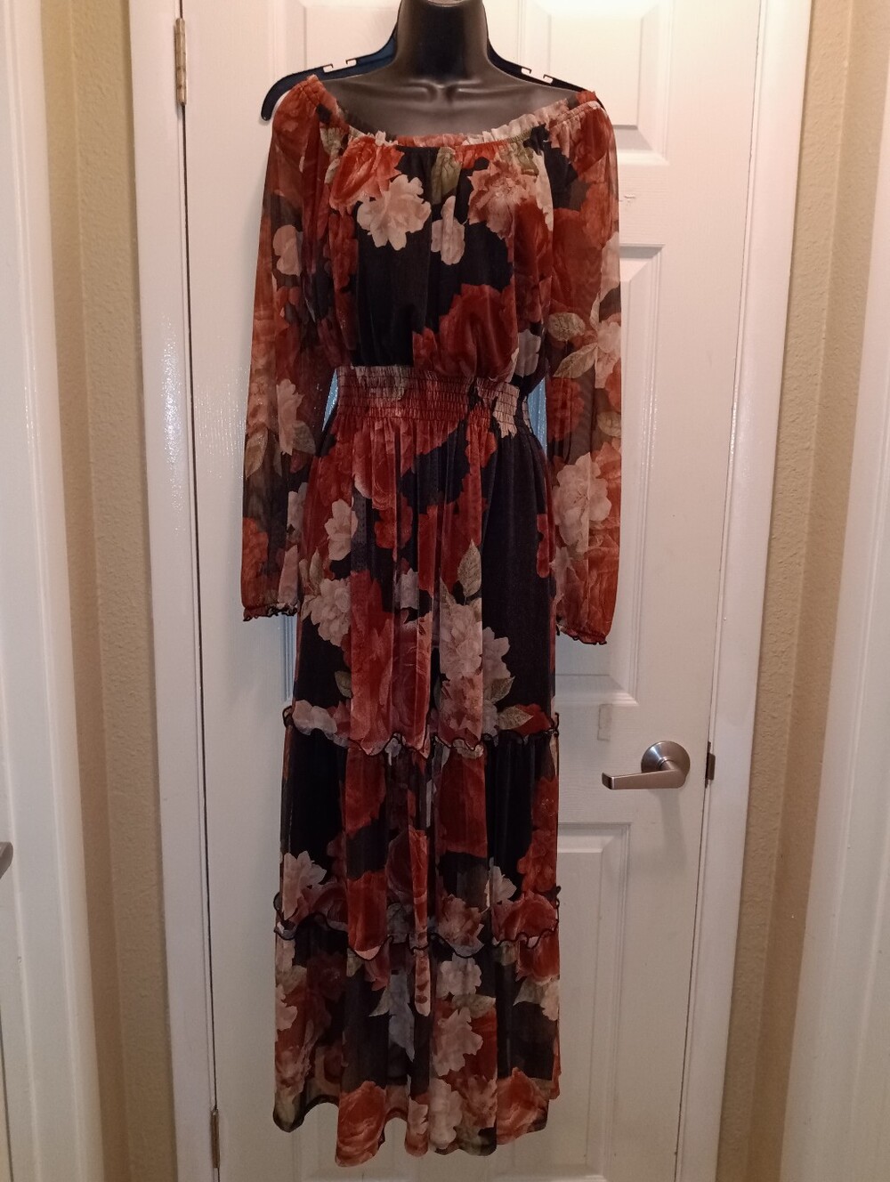 Kate & Lily Floral Off-Shoulder Long Sleeve Maxi Dress in Maroon and Brown